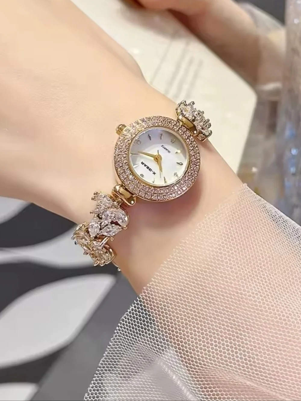 Women’s Gold Crystal Bracelet Watch with White Dial